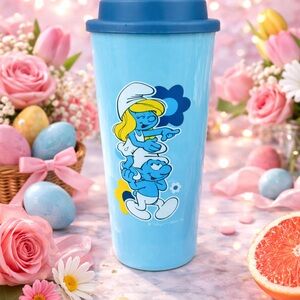 Light Blue Smurf-Themed Travel Mug with Dark Blue Lid